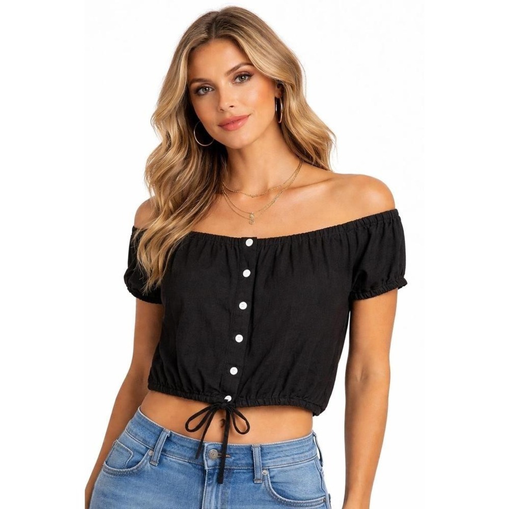 Double D Ranch-wear Womens S Black Linen Button Front Crop Top Drawstring Hem